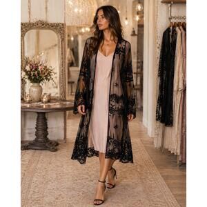 Haute Monde Black Lace Sheer Mesh Embroidered Duster Cardigan Small Fairy Grunge